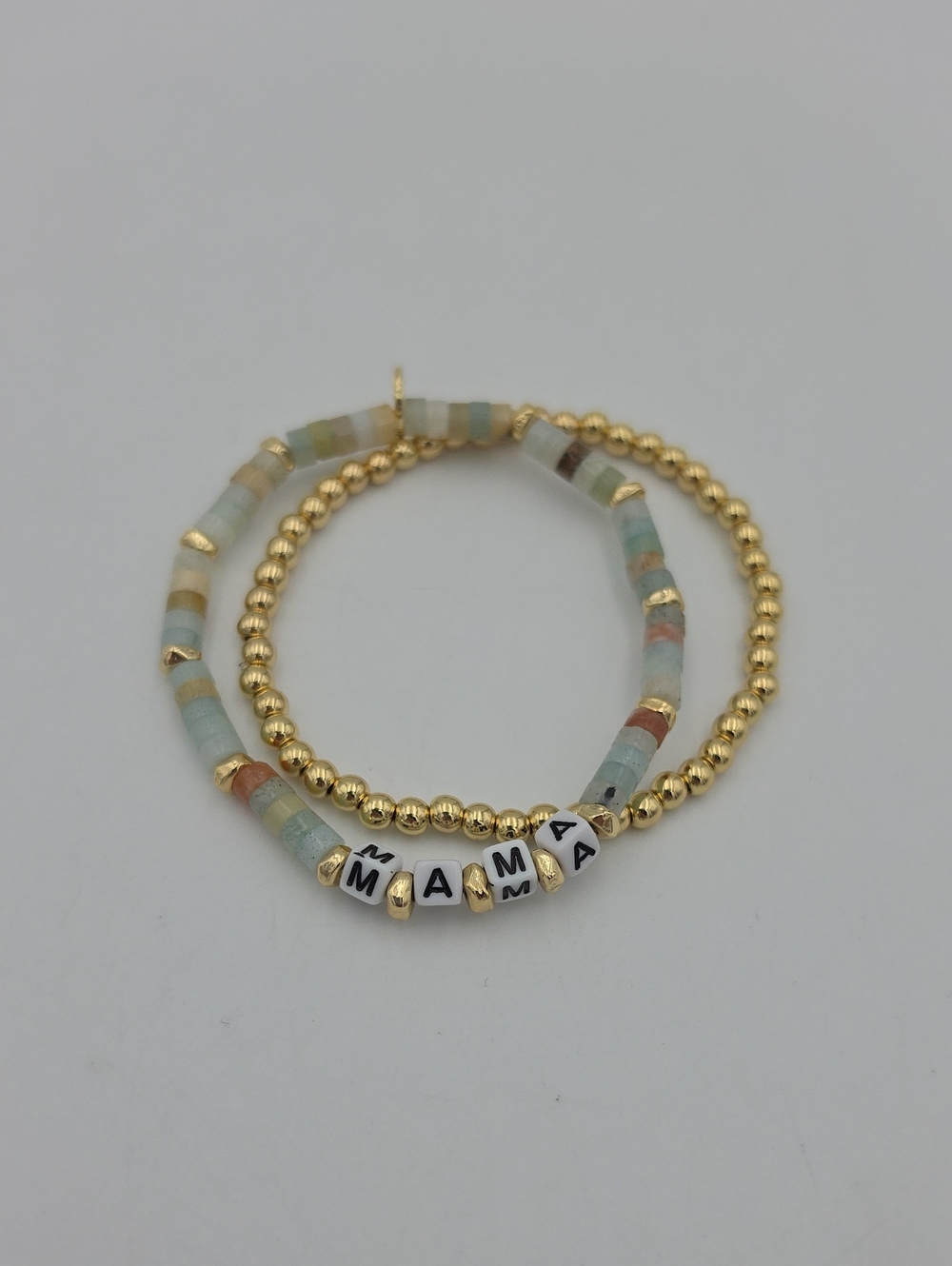 Marlyn Schiff set of two "Mama" stretch bracelets, amazonite/gold